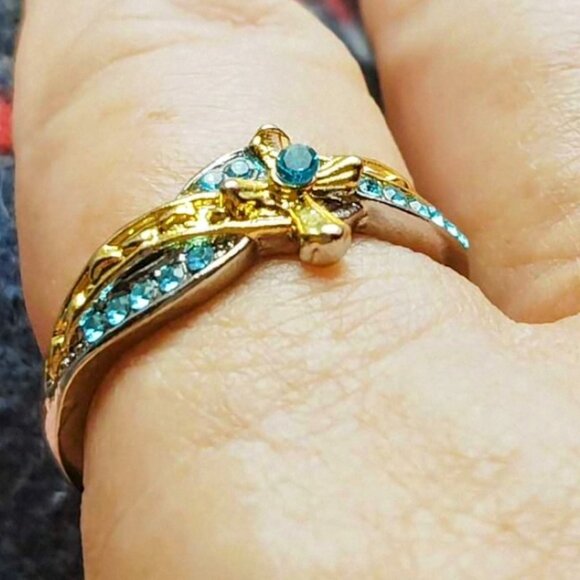 Footprints In The Sand 925 Silver Filled Ring Gold & Blue Accents Cross of Jesus - Picture 4 of 9